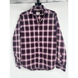 Men’s Thomas Dean Collection Button Up Shirt Purple Plaid Size Large
